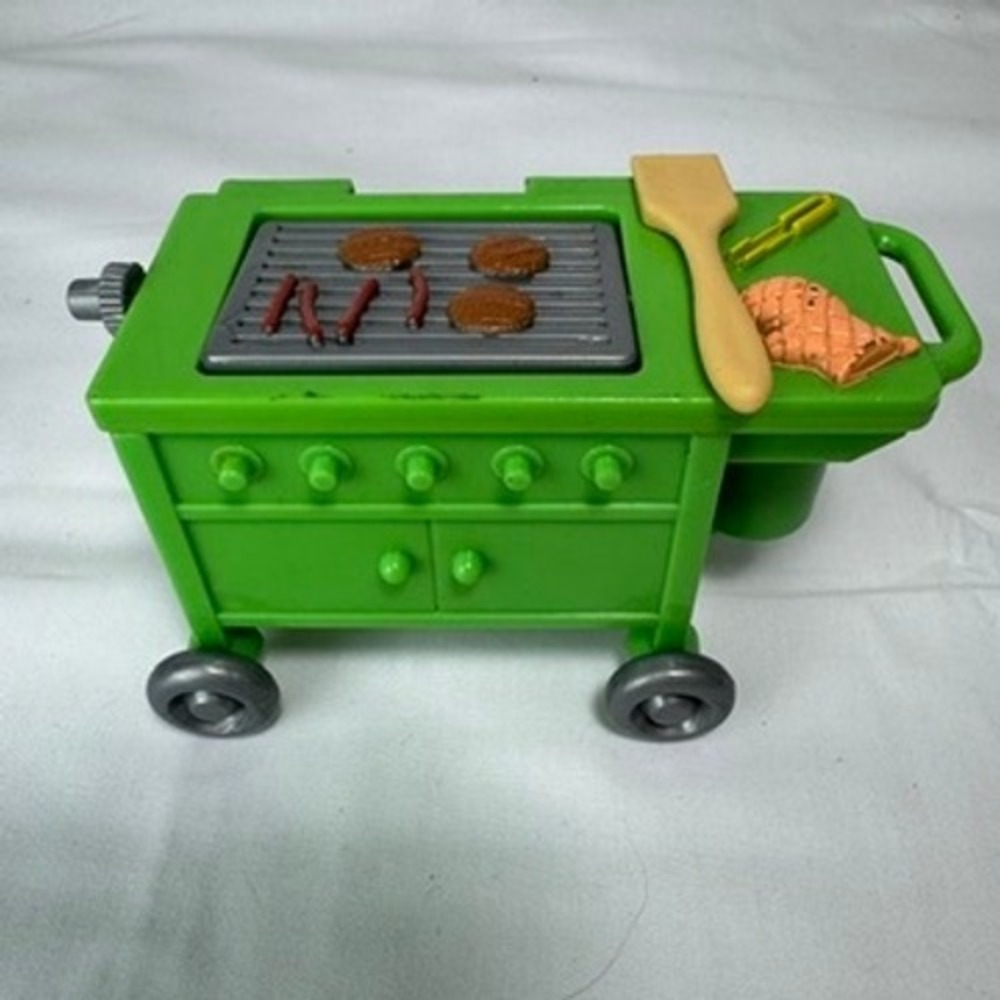 Fisher Price Little‎ People Green BBQ Grill Rolling Cart Play Set with Food READ
